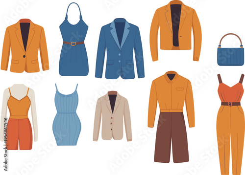 Womens fashion clothing icon set with dresses jackets blazers and jumpsuits, flat vector apparel collection isolated on white background design