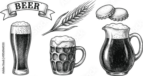 Vintage beer engraving illustration set featuring mugs glasses pitcher hops barley elements, classic brewery alcohol artwork for labels menus posters