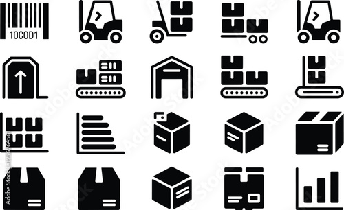 Warehouse logistics icons set featuring forklift barcode boxes conveyor warehouse management shipping inventory vector symbols black solid design collection