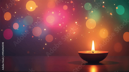 Warm lit diya lamp with colorful bokeh lights background festive atmosphere traditional indian clay candle holder soft focus warm glow cozy ambiance celebration diwali decor
