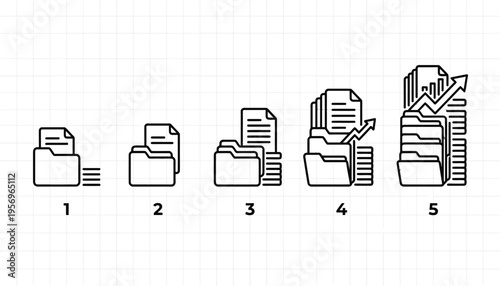 Set of 5 black outline vector icons showing data growth, document management, and file organization