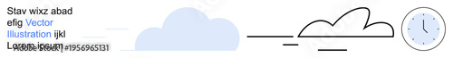 Time management, productivity, workflow, scheduling, minimalism, cloud storage. A cloud shape and a clock displayed with minimalist lines. Time management and productivity