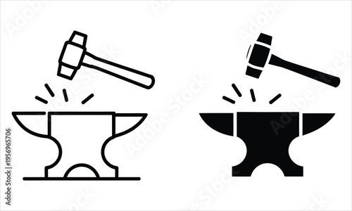 Two simple black and white icons show a hammer striking an anvil for blacksmithing work