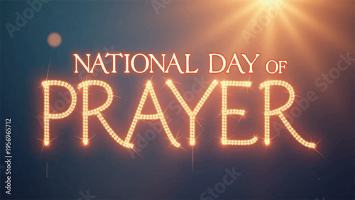 National day of prayer text with glowing effect on dark background with sunburst