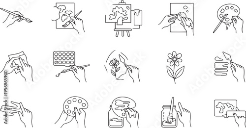 Hands Painting and Drawing Art Icons Set in Line Art Style
