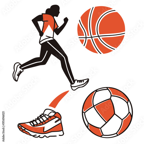Sports equipment and athlete in motion running basketball soccer ball