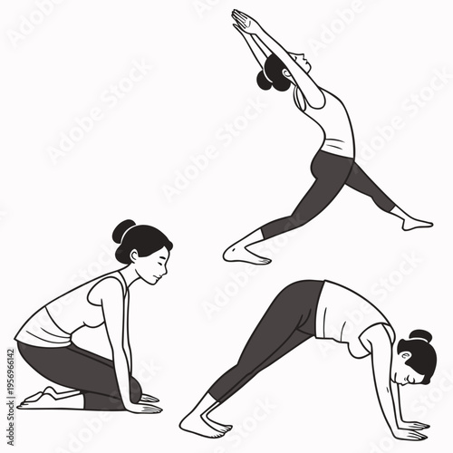 Woman in three yoga poses on white background fitness exercise stretching