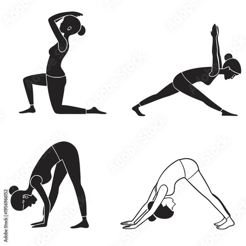 Four women in various yoga poses on white background fitness exercise stretching