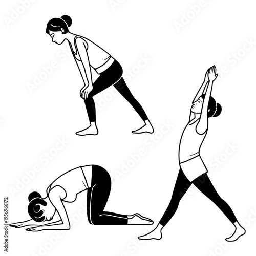 Woman in three yoga poses on white background fitness exercise stretching