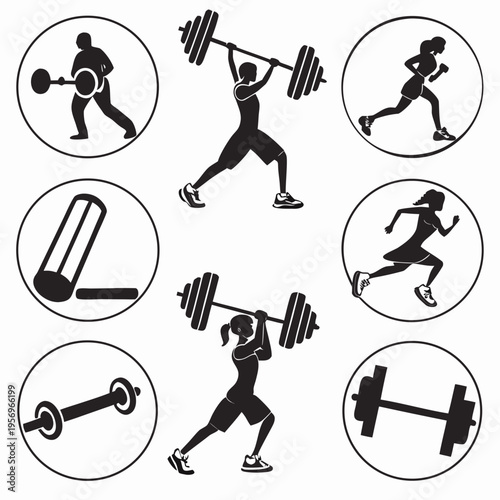 Black and white of fitness with people running and lifting weights workout exercise sports