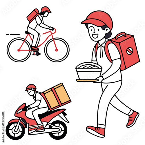 Delivery riders on bicycle and scooter with food