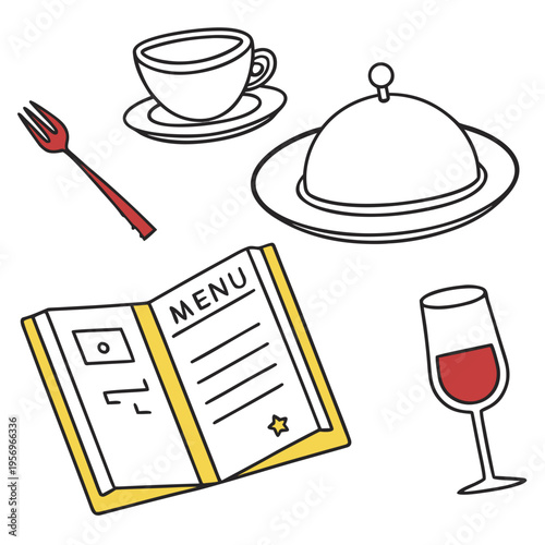 Restaurant menu with food and drink wine