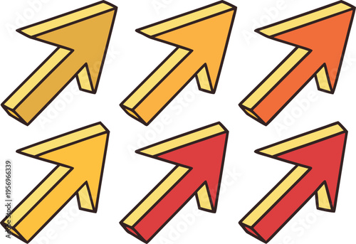 Six 3d cartoon arrows in shades of yellow orange and red