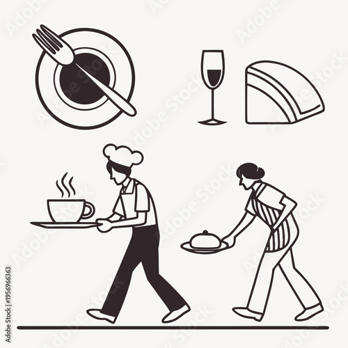 Black line of restaurant staff serving food and drink black line restaurant staff waiter