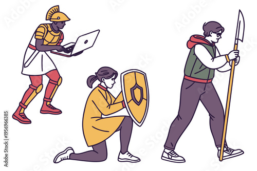 People using technology and holding shields and laptop sword