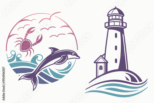 Coastal featuring lighthouse, dolphin, and crab ocean waves