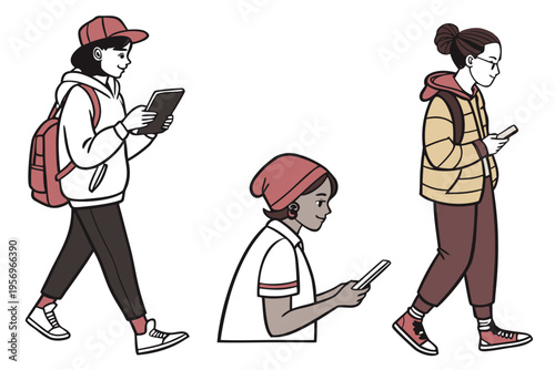 People walking and using devices smartphone sitting