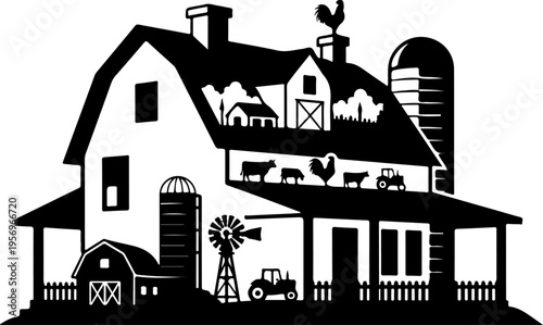 Vector farmhouse icon with barn and windmill