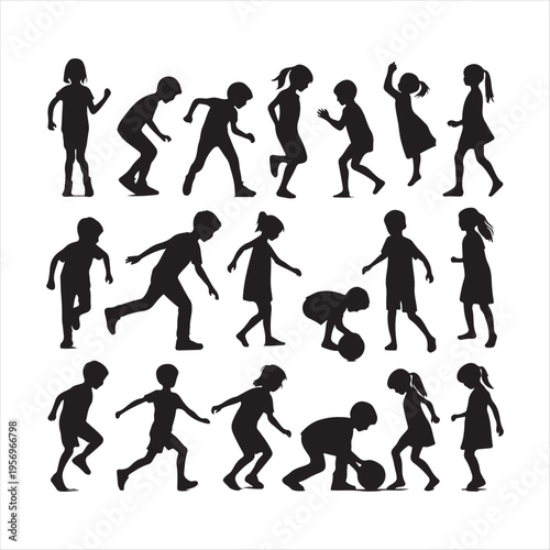 Children playing vector silhouette clip art logo design concept illustration  idea