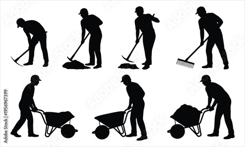 Collection of black silhouettes depicting men performing various manual labor tasks outdoors