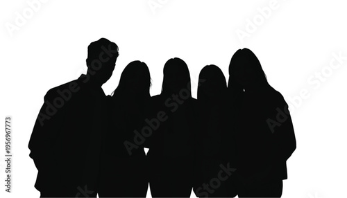 Diverse group of five figures are clustered together in a tight silhouette formation suggesting camaraderie.