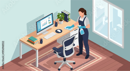 Woman cleaning a home office desk with a computer, chair, and window in a modern room.