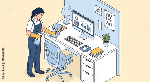 A professional cleaner wearing gloves and uniform sanitizing an office desk with a spray bottle and cloth in an isometric illustration.