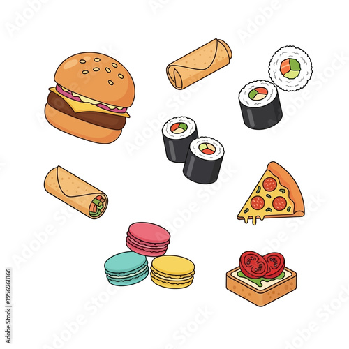 Diverse Fast Food Collage: Burger, Sushi, Pizza, Spring Rolls, Macarons, Bruschetta