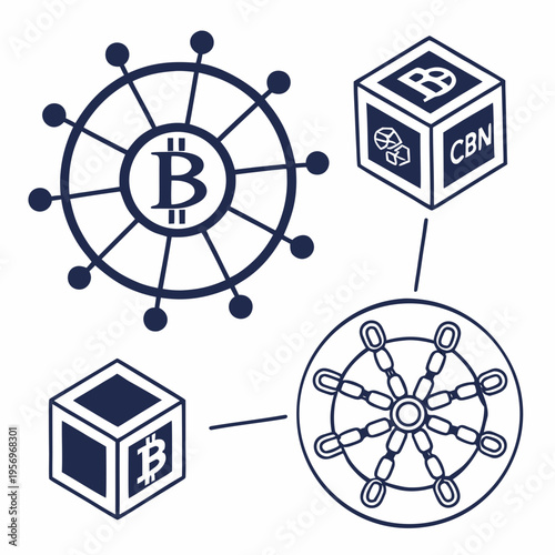 Bitcoin and blockchain on white background cryptocurrency blue