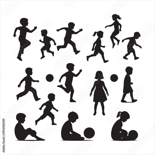 Children playing vector silhouette clip art logo design concept illustration  idea