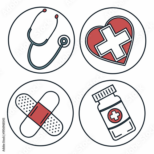 Medical including stethoscope and red cross on white background healthcare heart band aid