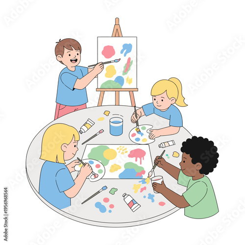 Children painting together at a round table with an easel, creative art class