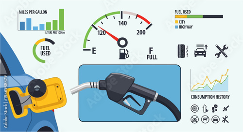 Illustration of a car being refueled at a gas station, surrounded by various dashboard elements and gauges related to fuel efficiency and vehicle maintenance.