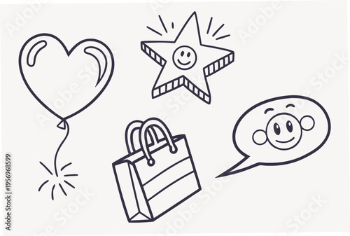Doodle with heart balloon and shopping bag star smiley face