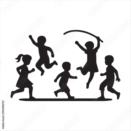 Children playing vector silhouette clip art logo design concept illustration  idea