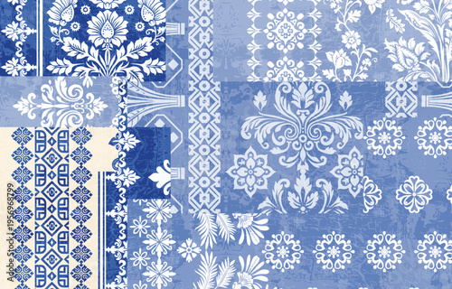 : floral pattern vintage ethnic modern embroidery texture boho design vector illustration hand drawn blue flower motif branches leaves wallpaper seamless background border.