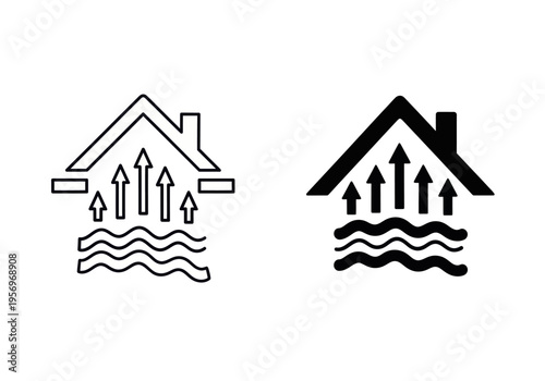 Rising water levels threaten a house with floodwaters and arrows indicating rapid ascent.