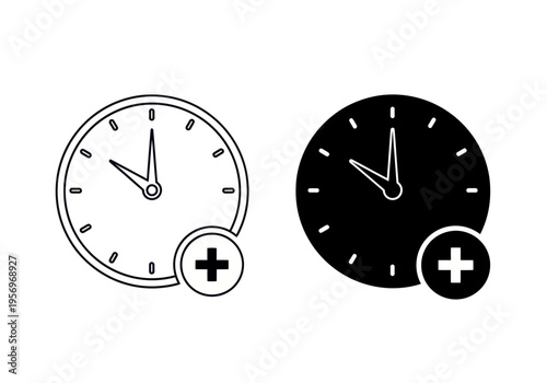 Two clocks with medical symbols indicate time with plus signs on them