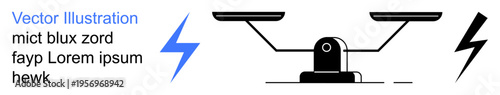 Power balance, energy dynamics, equality, justice, decision-making, contrast. Monochrome balance scale with lightning bolts on a white background. Power balance and energy dynamics concept