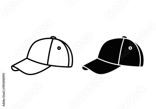 Two baseball caps are shown side by side in black and white illustrations.