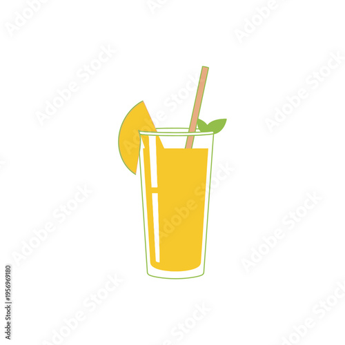 Refreshing Mango Juice in Tall Glass with Straw and Mint Leaf