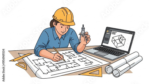 An engineer works on architectural blueprints with a laptop and tools nearby indoors.