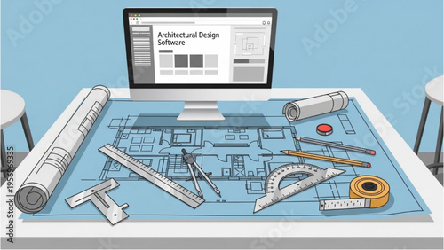Architectural design tools and blueprints on a table indoors
