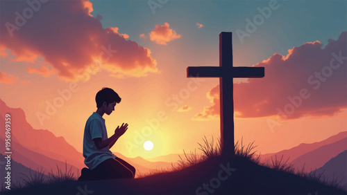 Vector silhouette of man praying beside cross at sunset