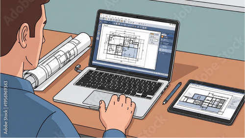 Man working on laptop with architectural plans and digital tablet nearby
