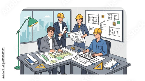 Engineers and architects discuss blueprints in a modern office setting.