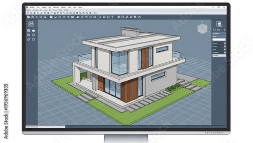 A 3D model of a modern house appears on a computer screen in a design software.