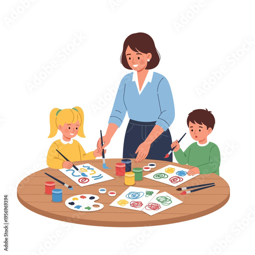 Teacher guiding kids painting art class at table, creative children learning and drawing with colors