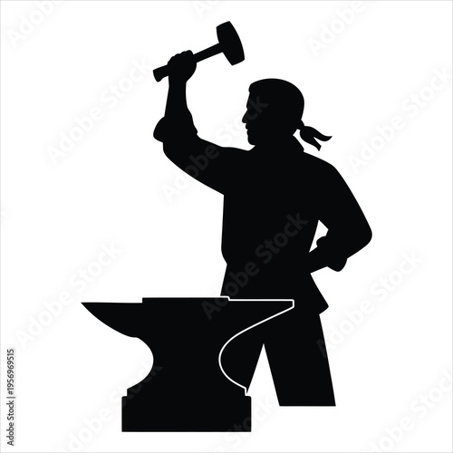 Strong male blacksmith holding a hammer above an anvil silhouette on white