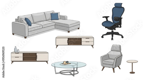 Furniture arrangement includes sofa, office chair, armchair, and coffee table indoors.